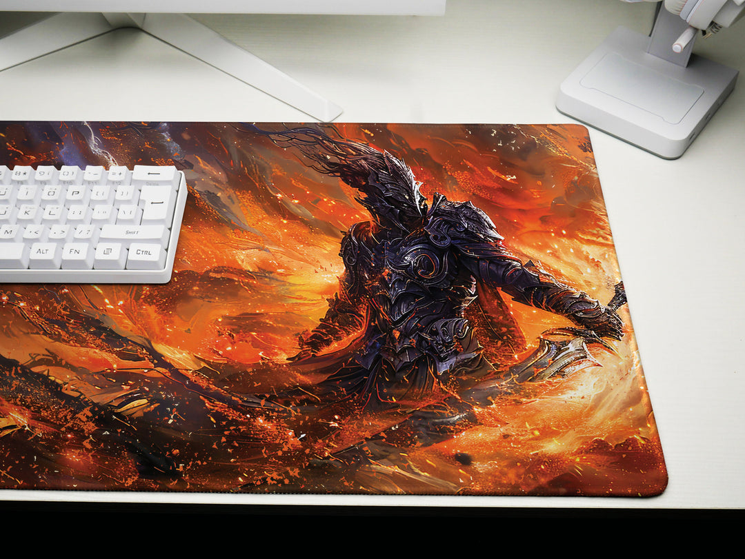 Dusk Slayer Design 2, Desk Pad, Epic Battle Scene, Fiery War Artwork, Intense Gaming Mat