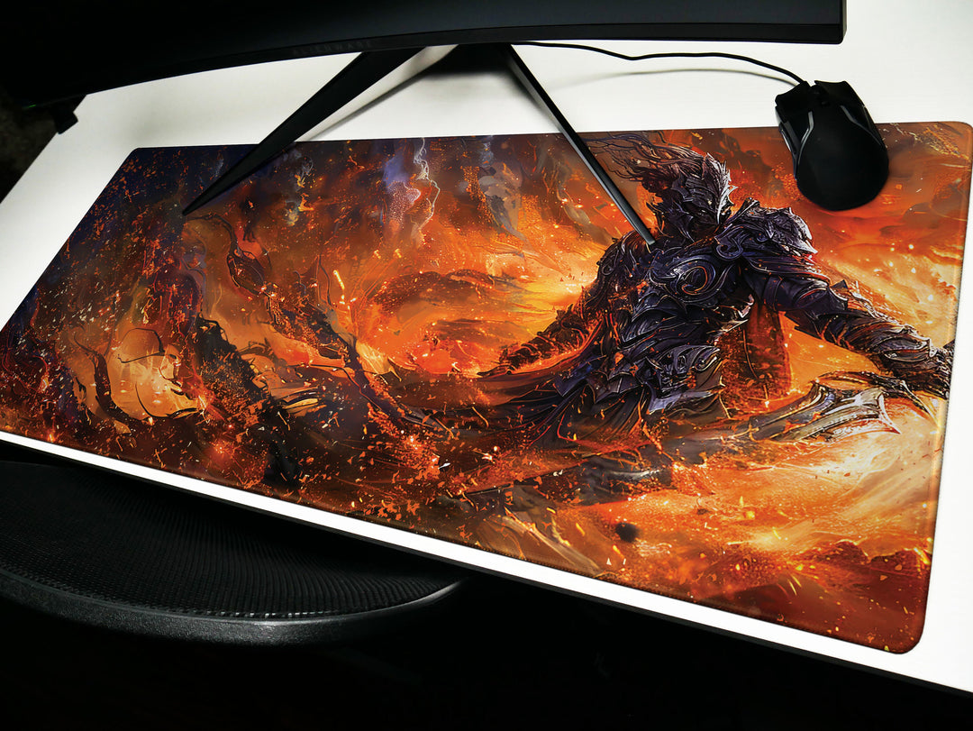 Dusk Slayer Design 2, Desk Pad, Epic Battle Scene, Fiery War Artwork, Intense Gaming Mat