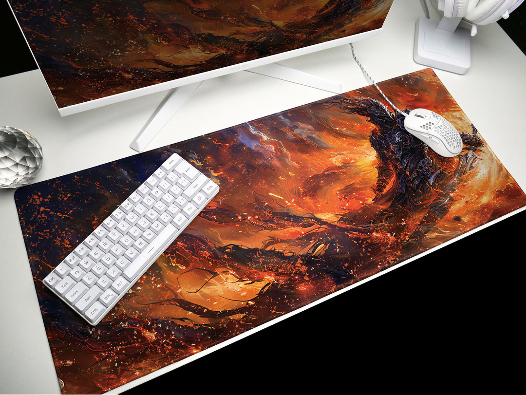 Dusk Slayer Design 2, Desk Pad, Epic Battle Scene, Fiery War Artwork, Intense Gaming Mat