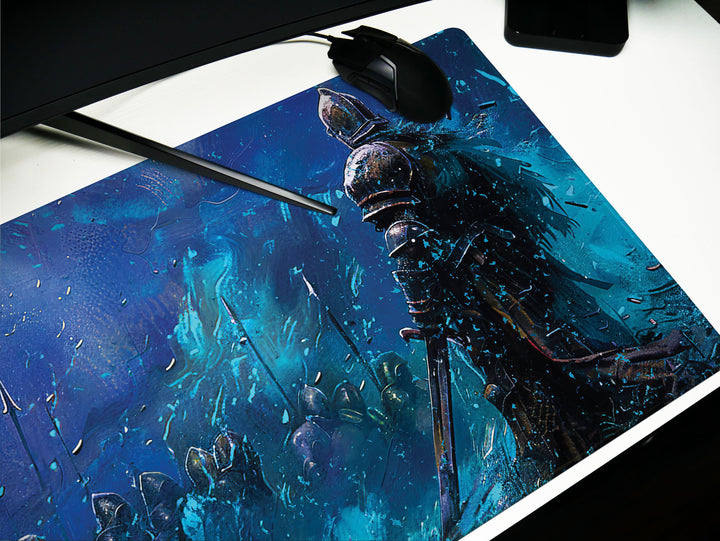 Dusk Slayer Design 3, Desk Pad, Knight's Stand, Majestic Blue Warfront, Artistic Mouse Mat