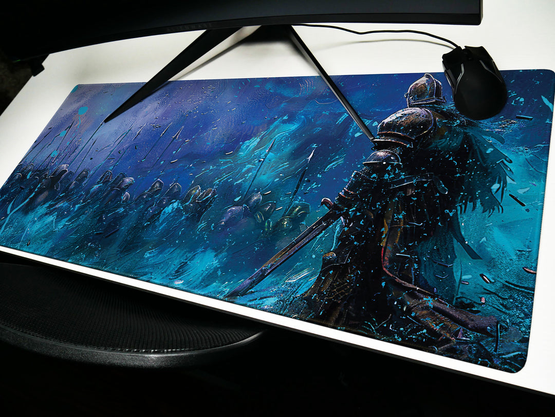 Dusk Slayer Design 3, Desk Pad, Knight's Stand, Majestic Blue Warfront, Artistic Mouse Mat