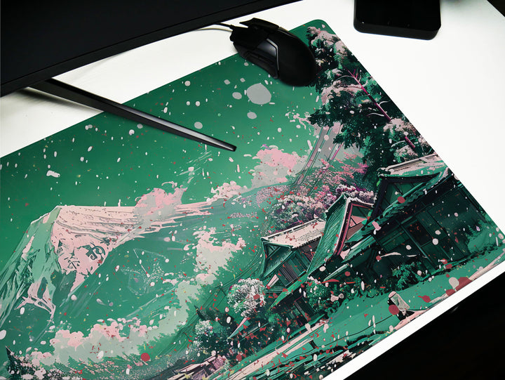 Serene Landscapes Design 1, Desk Pad, Mesmerizing Mount Fuji View, Cherry Blossom Dreamscape