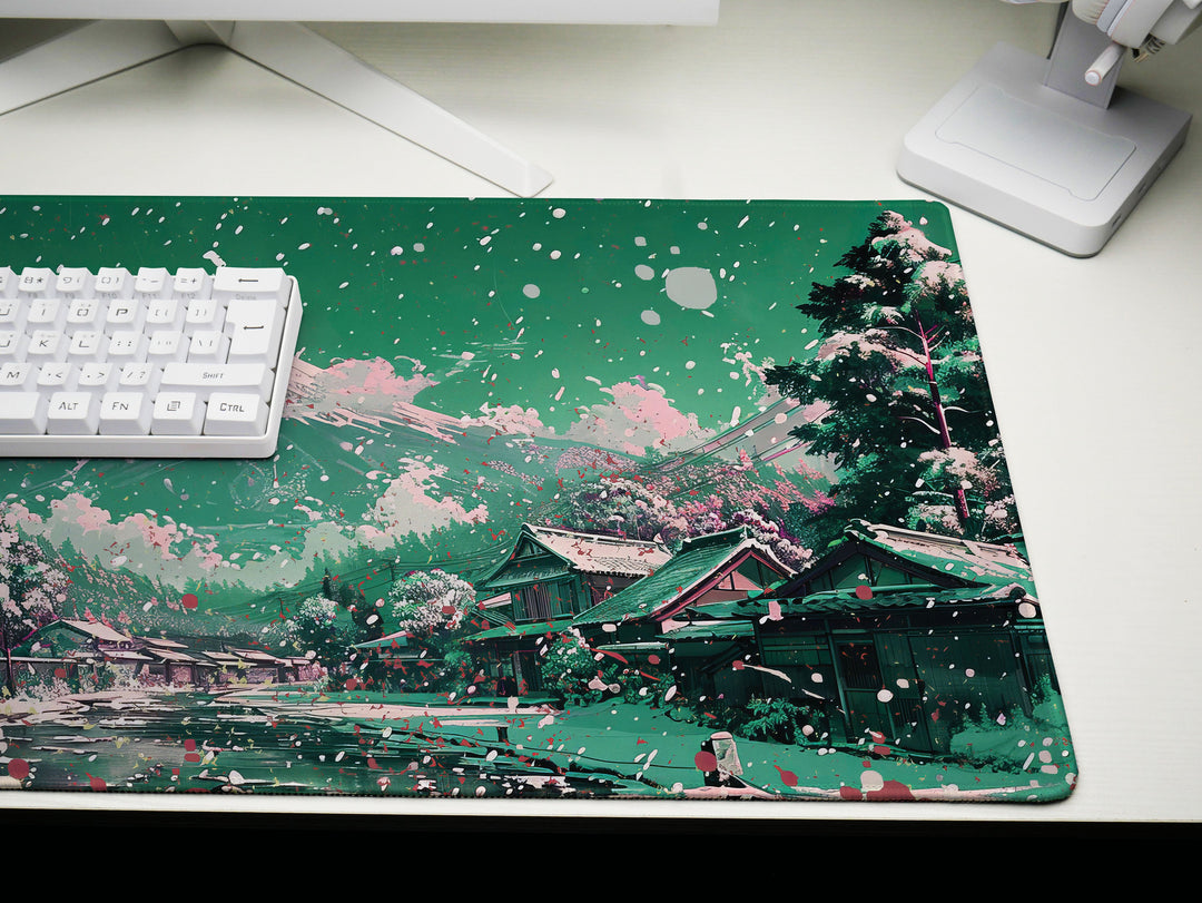 Serene Landscapes Design 1, Desk Pad, Mesmerizing Mount Fuji View, Cherry Blossom Dreamscape