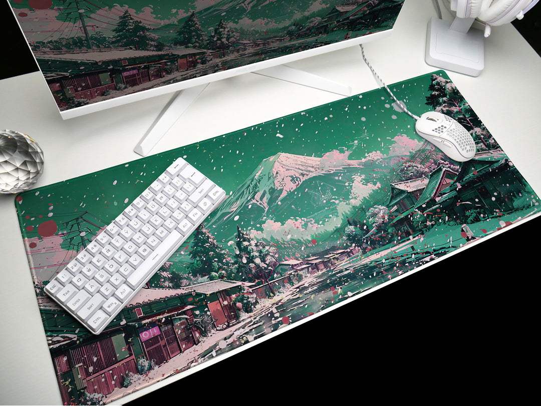 Serene Landscapes Design 1, Desk Pad, Mesmerizing Mount Fuji View, Cherry Blossom Dreamscape