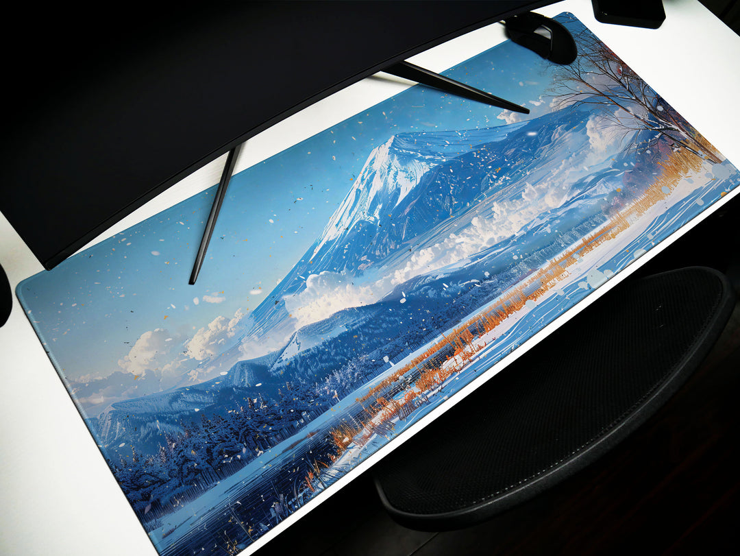 Serene Landscapes Design 3, Desk Pad, Mouse Pad, Desk Mat, Wintry Peak Panorama, Snow-Dusted Foliage