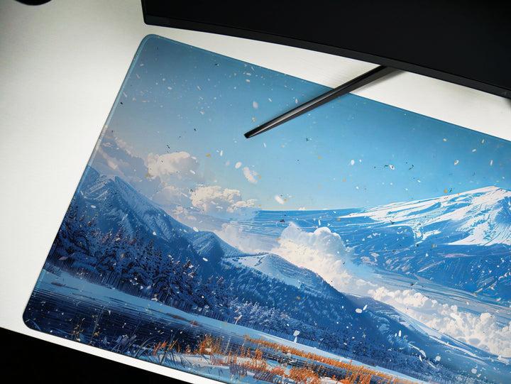 Serene Landscapes Design 3, Desk Pad, Mouse Pad, Desk Mat, Wintry Peak Panorama, Snow-Dusted Foliage