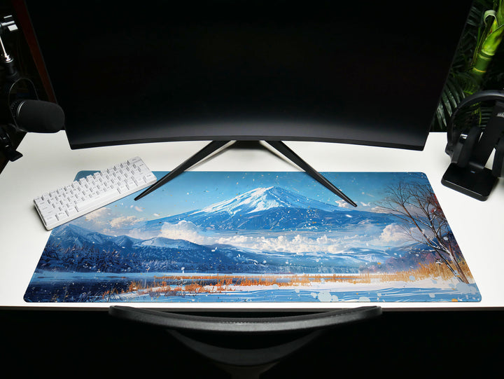 Serene Landscapes Design 3, Desk Pad, Mouse Pad, Desk Mat, Wintry Peak Panorama, Snow-Dusted Foliage