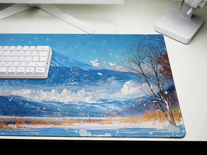 Serene Landscapes Design 3, Desk Pad, Mouse Pad, Desk Mat, Wintry Peak Panorama, Snow-Dusted Foliage