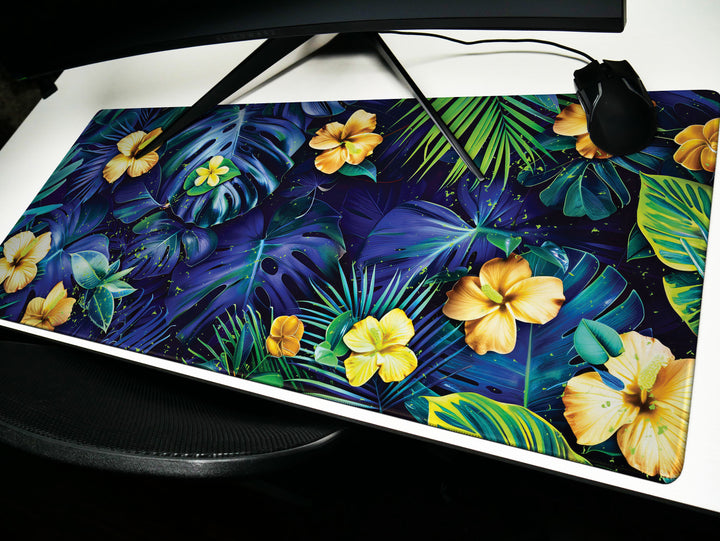 Tropical Escape Design 1, Desk Pad, Vivid Jungle Flora, Exotic Desk Mat, Blossoming Work Space