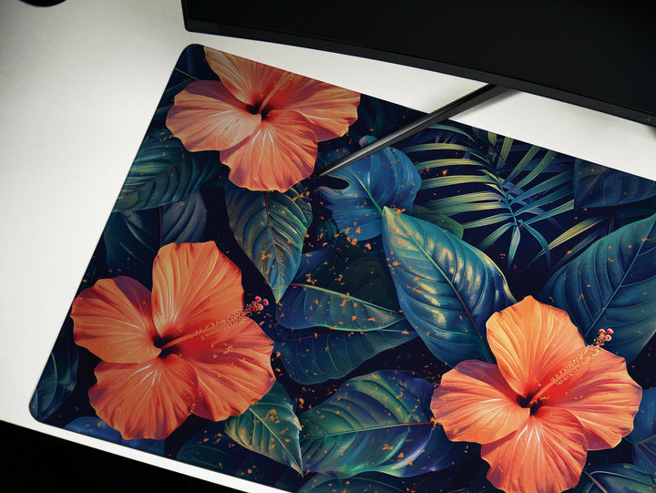 Tropical Escape Design 2, Desk Pad, Radiant Hibiscus Bloom, Exquisite Desk Mat, Lush Foliage Elegance