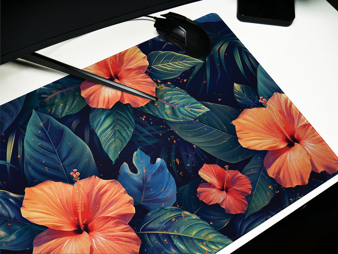 Tropical Escape Design 2, Desk Pad, Radiant Hibiscus Bloom, Exquisite Desk Mat, Lush Foliage Elegance