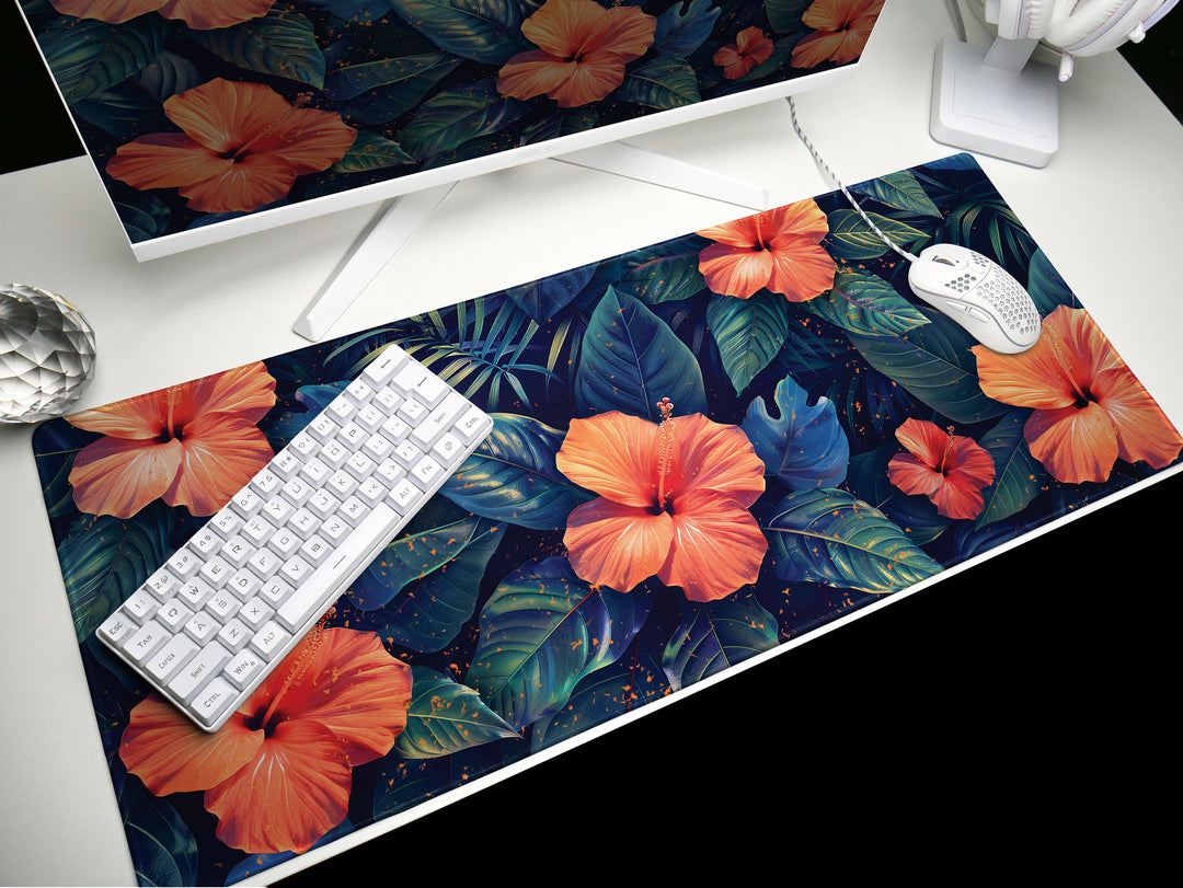 Tropical Escape Design 2, Desk Pad, Radiant Hibiscus Bloom, Exquisite Desk Mat, Lush Foliage Elegance