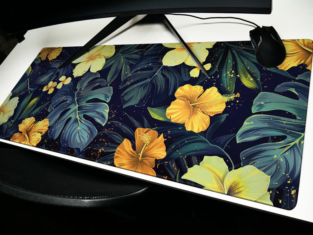 Tropical Escape Design 3, Desk Pad, Sublime Nighttime Flora, Office Oasis, Enchanting Desk Mat