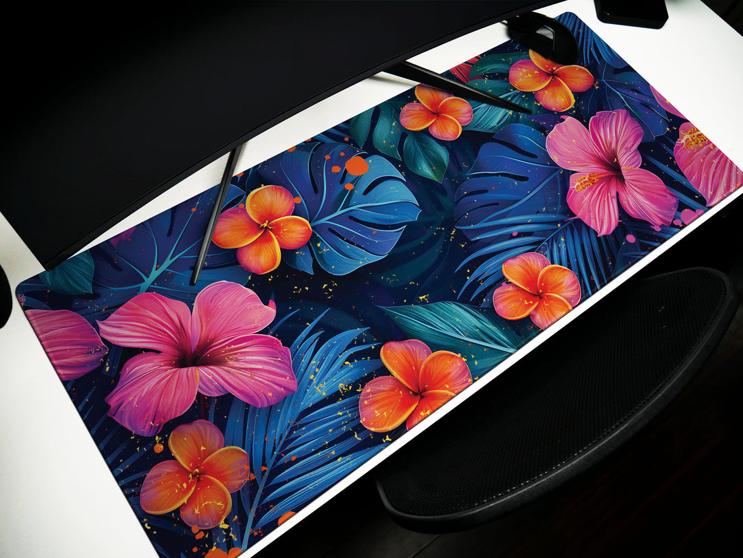 Tropical Escape Design 4, Desk Pad, Majestic Midnight Blooms, Vibrant Office Decor, Floral Desk Mat