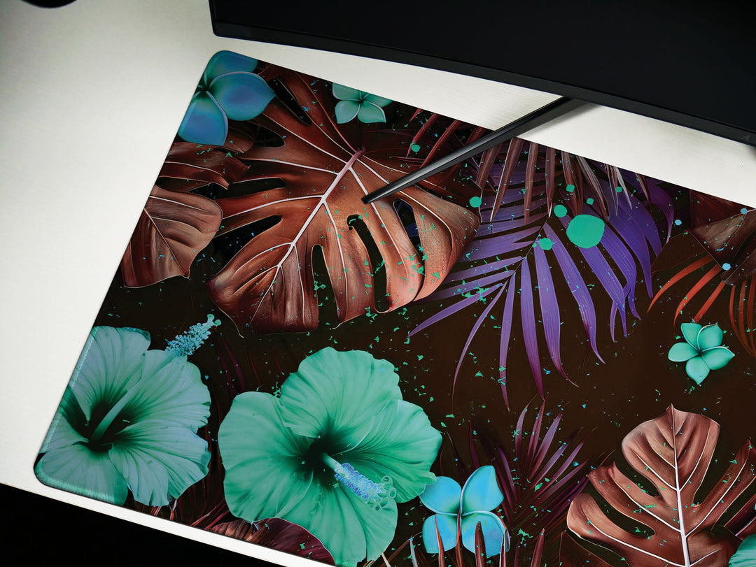 Tropical Escape Design 5, Desk Pad, Enchanted Hibiscus Haven, Serene Desk Accessory, Botanical Elegance