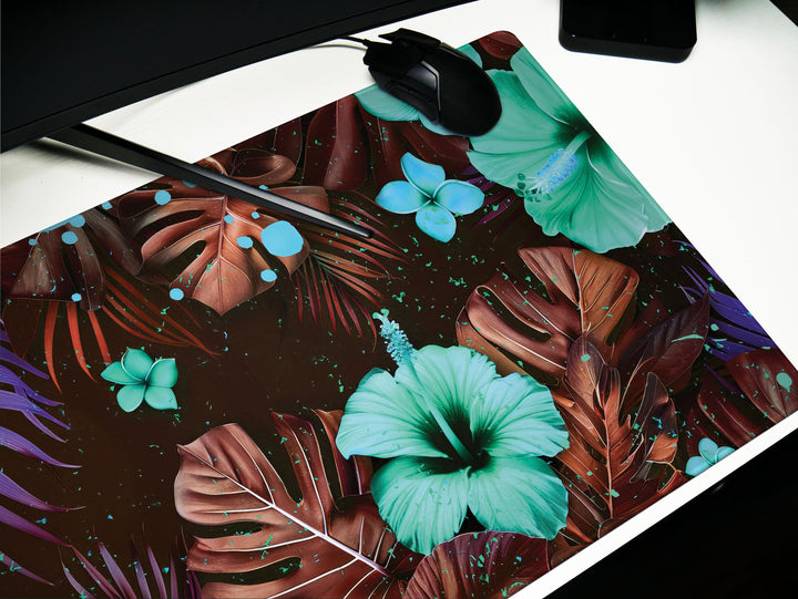 Tropical Escape Design 5, Desk Pad, Enchanted Hibiscus Haven, Serene Desk Accessory, Botanical Elegance