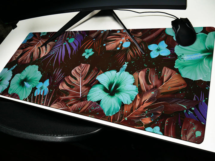 Tropical Escape Design 5, Desk Pad, Enchanted Hibiscus Haven, Serene Desk Accessory, Botanical Elegance