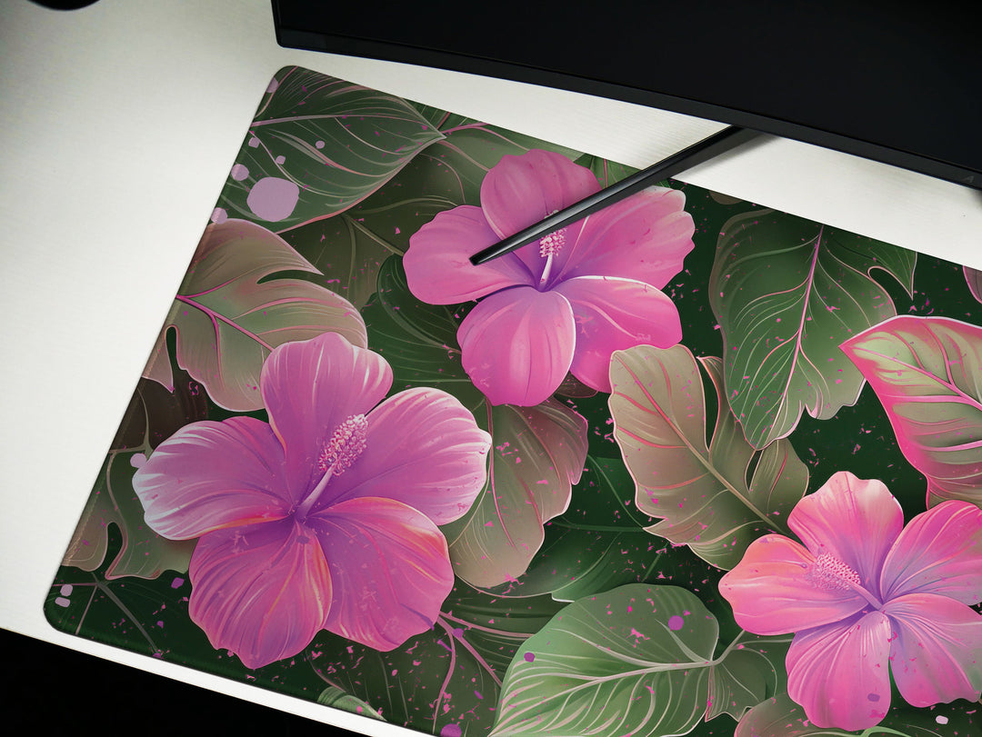 Tropical Escape Design 6, Desk Pad, Lush Magenta Blossom, Elegant Desk Topper, Botanic Artistry