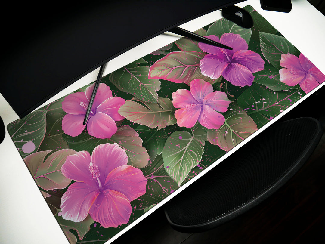 Tropical Escape Design 6, Desk Pad, Lush Magenta Blossom, Elegant Desk Topper, Botanic Artistry