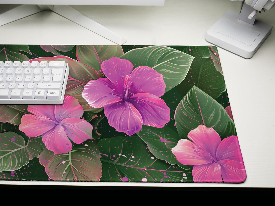 Tropical Escape Design 6, Desk Pad, Lush Magenta Blossom, Elegant Desk Topper, Botanic Artistry