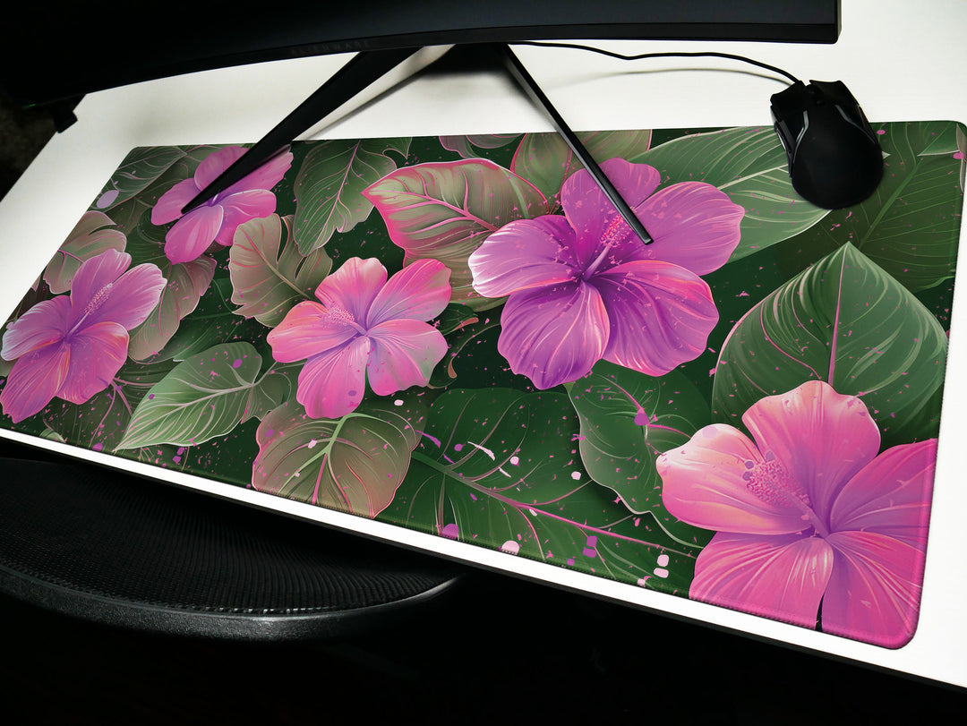 Tropical Escape Design 6, Desk Pad, Lush Magenta Blossom, Elegant Desk Topper, Botanic Artistry