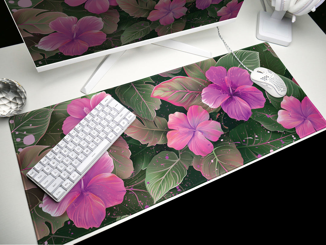 Tropical Escape Design 6, Desk Pad, Lush Magenta Blossom, Elegant Desk Topper, Botanic Artistry