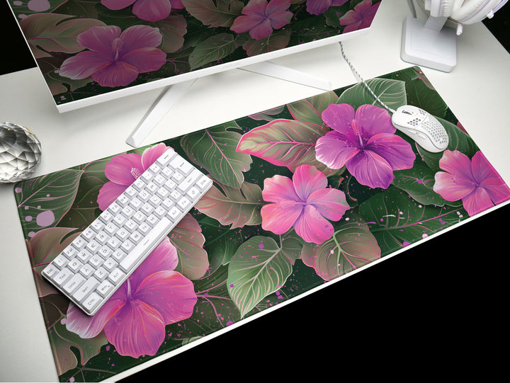 Tropical Escape Design 6, Desk Pad, Lush Magenta Blossom, Elegant Desk Topper, Botanic Artistry