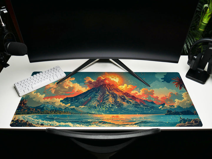 Volcanic View Design 1, Desk Pad, Dynamic Eruption Scene, Panoramic Desk Art, Explosive Ambience