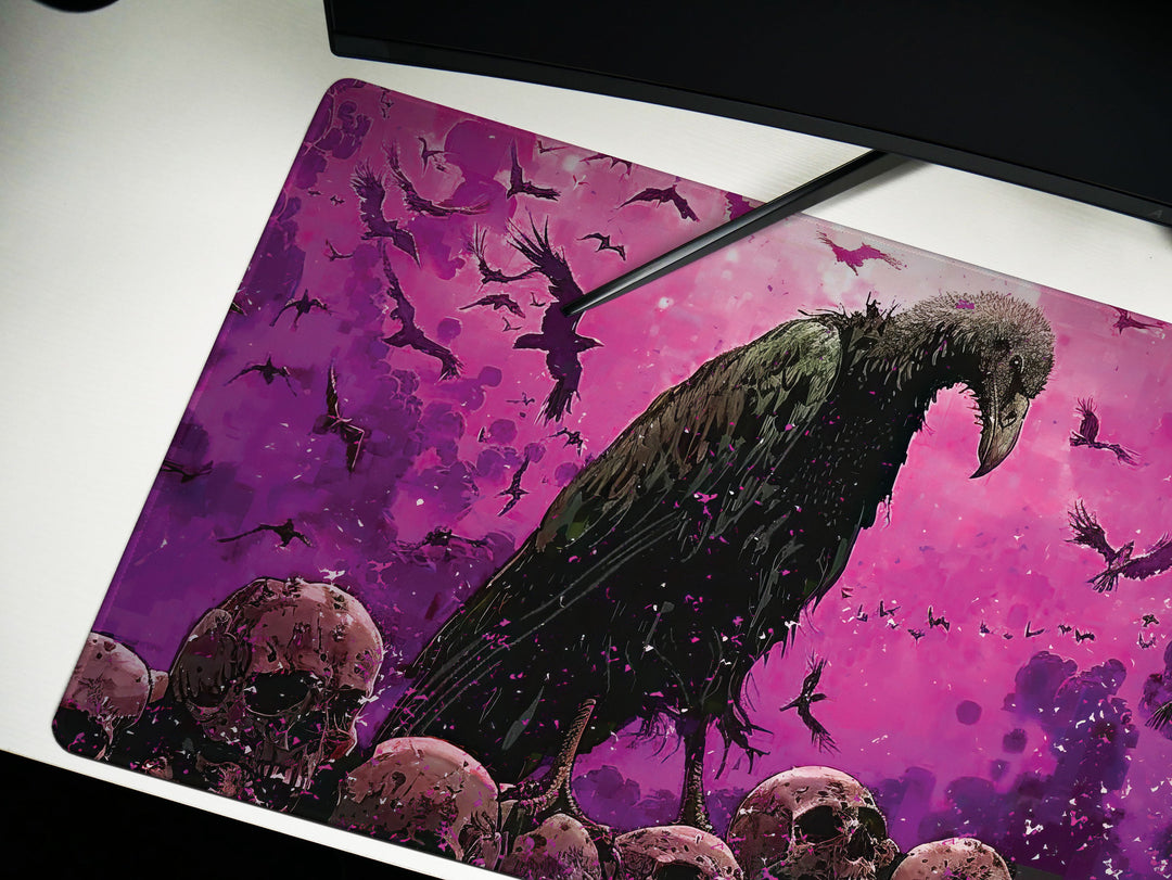 Violet Vanguard Design 1, Desk Pad, Majestic Vulture Amidst Skulls, Enigmatic Purple Atmosphere, Gamer's Battle Mat