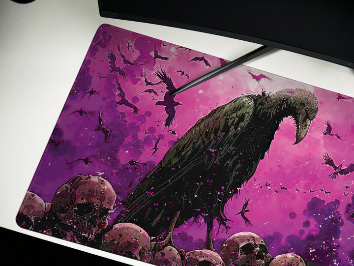 Violet Vanguard Design 1, Desk Pad, Majestic Vulture Amidst Skulls, Enigmatic Purple Atmosphere, Gamer's Battle Mat