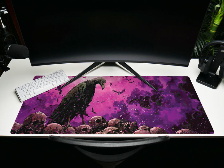 Violet Vanguard Design 1, Desk Pad, Majestic Vulture Amidst Skulls, Enigmatic Purple Atmosphere, Gamer's Battle Mat