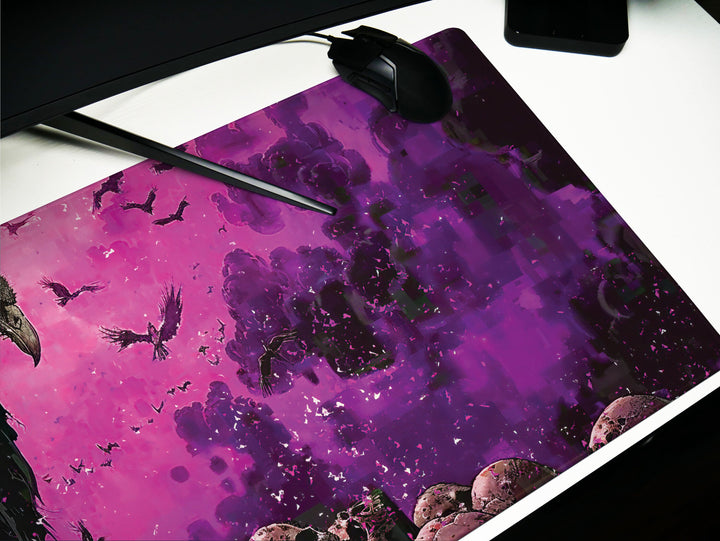 Violet Vanguard Design 1, Desk Pad, Majestic Vulture Amidst Skulls, Enigmatic Purple Atmosphere, Gamer's Battle Mat