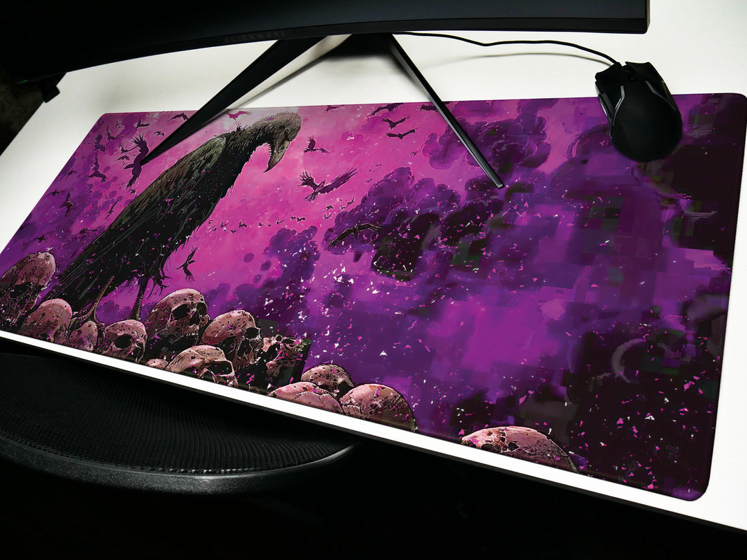 Violet Vanguard Design 1, Desk Pad, Majestic Vulture Amidst Skulls, Enigmatic Purple Atmosphere, Gamer's Battle Mat