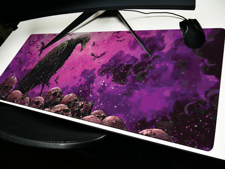 Violet Vanguard Design 1, Desk Pad, Majestic Vulture Amidst Skulls, Enigmatic Purple Atmosphere, Gamer's Battle Mat