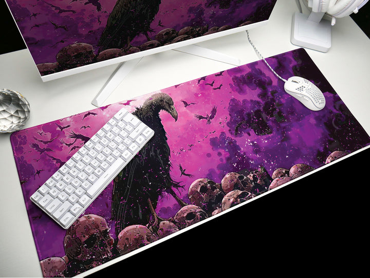 Violet Vanguard Design 1, Desk Pad, Majestic Vulture Amidst Skulls, Enigmatic Purple Atmosphere, Gamer's Battle Mat