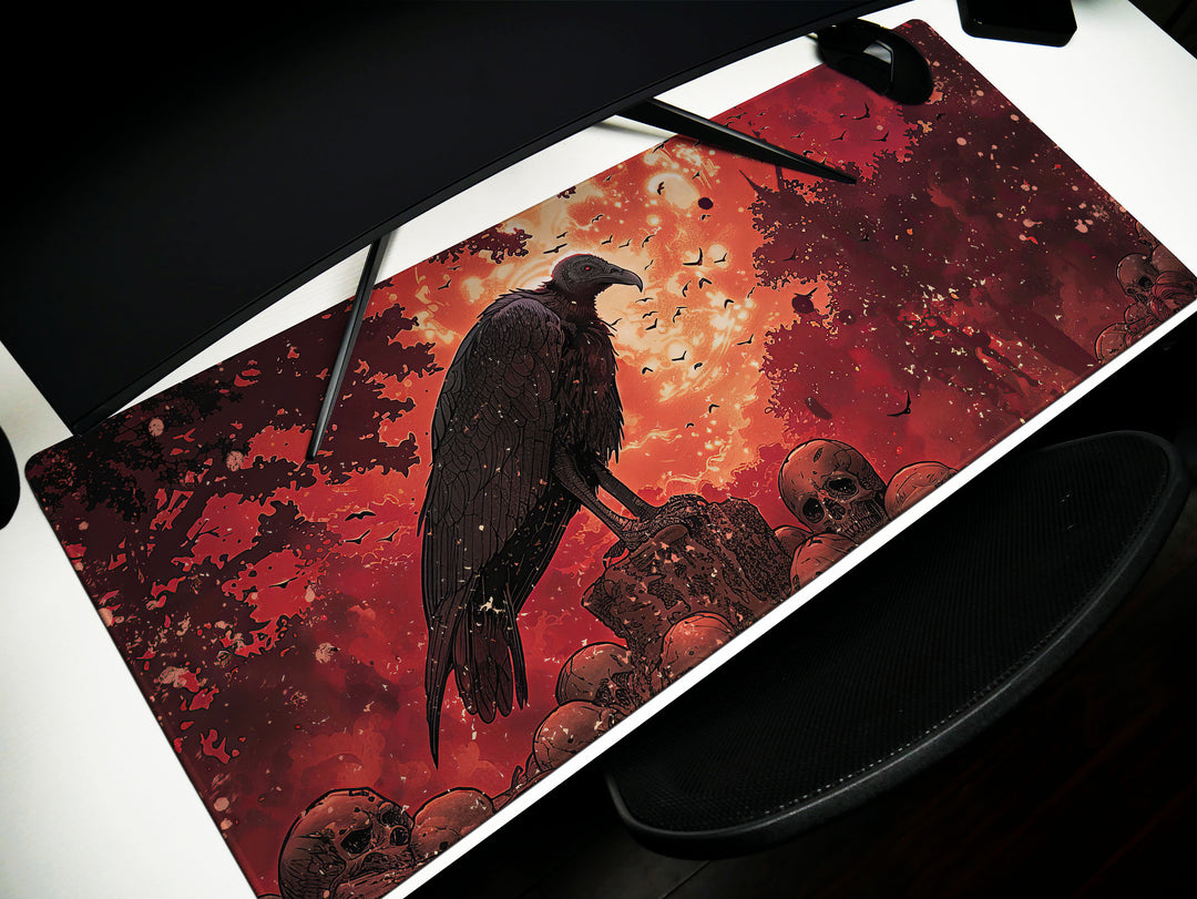Scarlet Sentinel Design 3, Desk Pad, Ominous Vulture Perch, Fiery Skyline, Mythical Beasts Desk Mat
