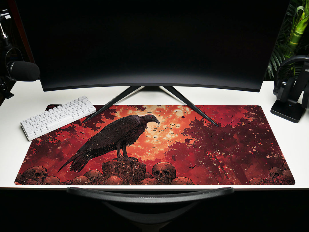 Scarlet Sentinel Design 3, Desk Pad, Ominous Vulture Perch, Fiery Skyline, Mythical Beasts Desk Mat