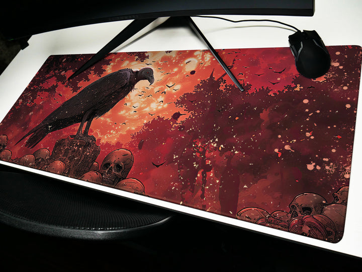 Scarlet Sentinel Design 3, Desk Pad, Ominous Vulture Perch, Fiery Skyline, Mythical Beasts Desk Mat