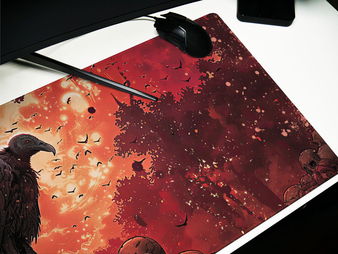 Scarlet Sentinel Design 3, Desk Pad, Ominous Vulture Perch, Fiery Skyline, Mythical Beasts Desk Mat