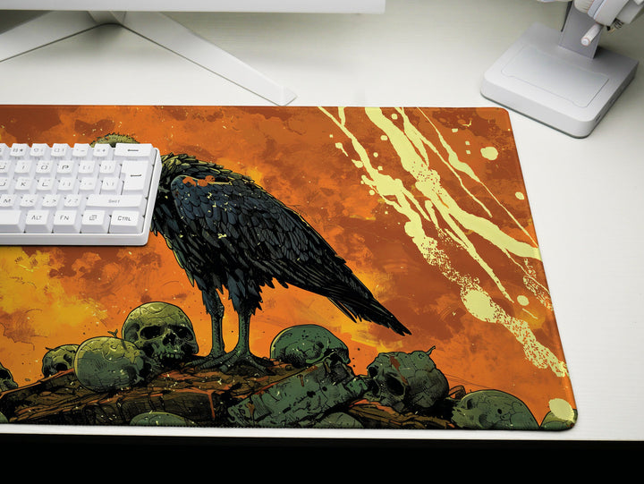 Amber Monarch Design 5, Desk Pad, Stoic Vulture Vigil, Lava-like Landscape, Mythical Beasts Desk Mat