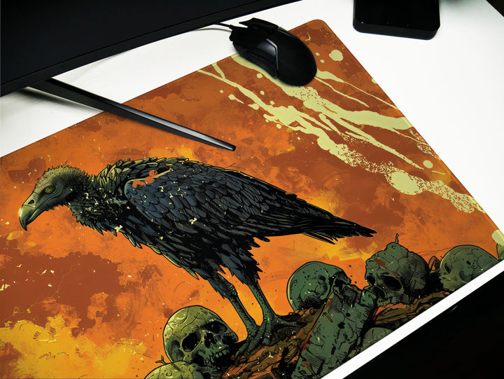 Amber Monarch Design 5, Desk Pad, Stoic Vulture Vigil, Lava-like Landscape, Mythical Beasts Desk Mat