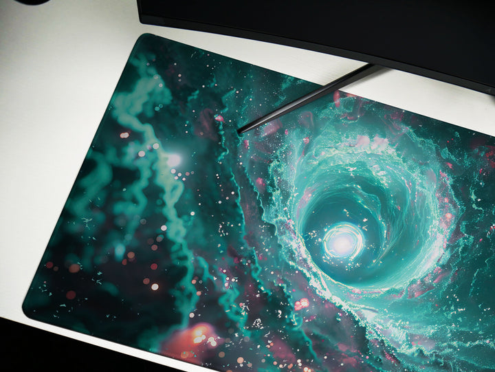 Cosmic Voyage Design 5, Desk Pad, Mouse Pad, Desk Mat, Aqua Singularity, Stellar Spiral, Cosmic Currents