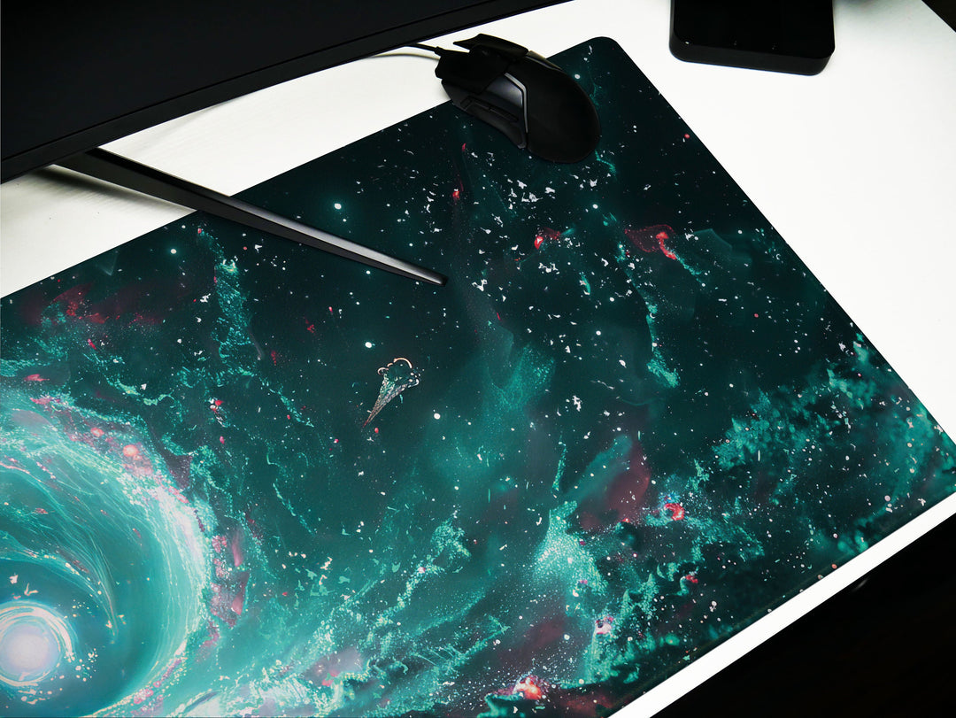 Cosmic Voyage Design 5, Desk Pad, Mouse Pad, Desk Mat, Aqua Singularity, Stellar Spiral, Cosmic Currents