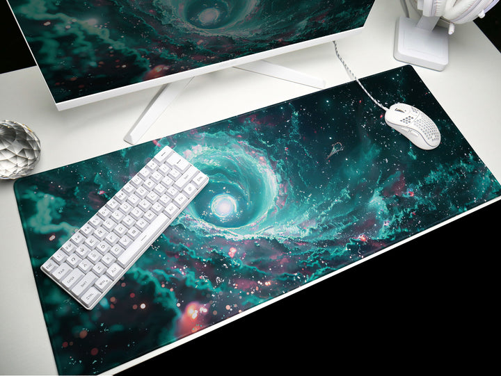 Cosmic Voyage Design 5, Desk Pad, Mouse Pad, Desk Mat, Aqua Singularity, Stellar Spiral, Cosmic Currents