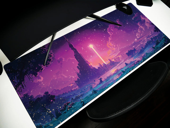 Enchanted Realm Design 3, Desk Pad, Mouse Pad, Desk Mat, Futuristic Fantasy, Neon Dusk, Dreamworld Silhouette