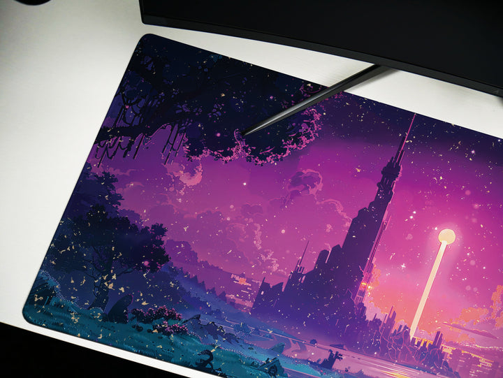 Enchanted Realm Design 3, Desk Pad, Mouse Pad, Desk Mat, Futuristic Fantasy, Neon Dusk, Dreamworld Silhouette