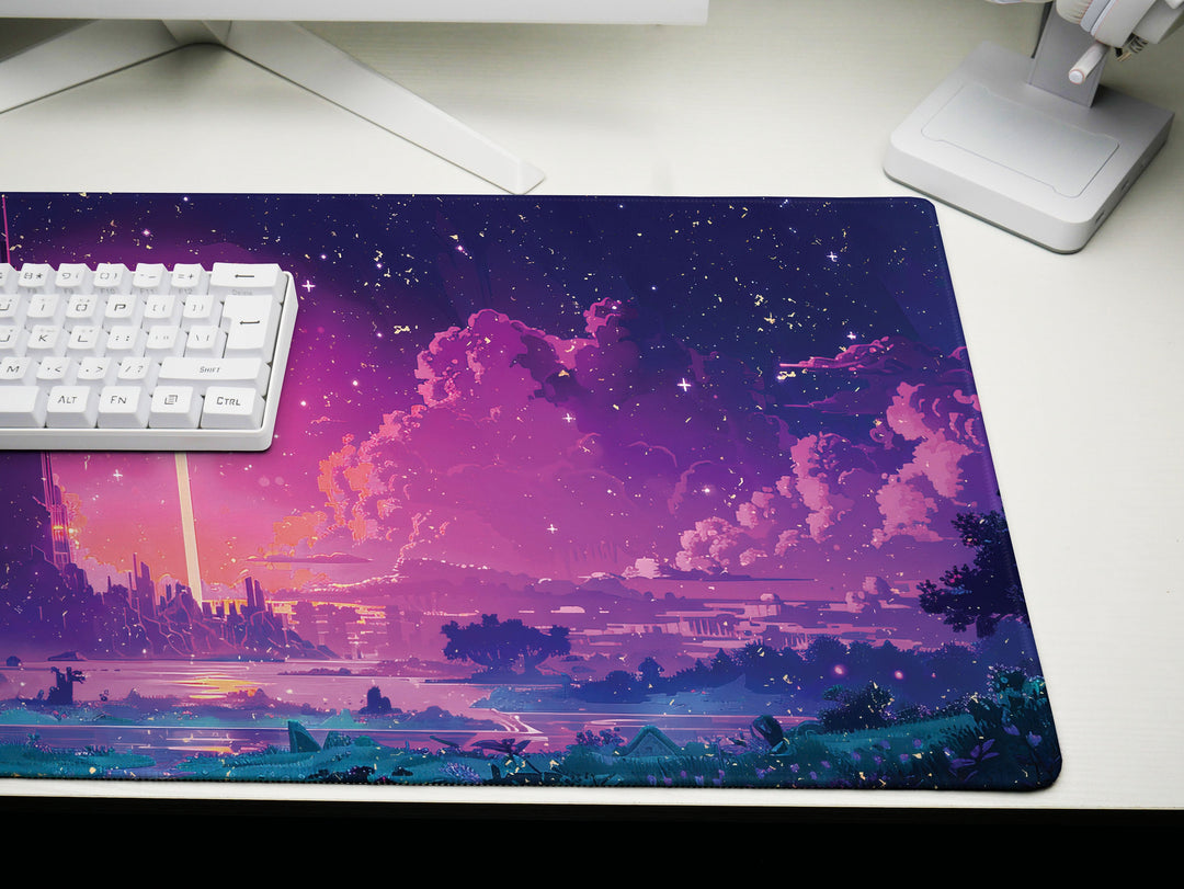 Enchanted Realm Design 3, Desk Pad, Mouse Pad, Desk Mat, Futuristic Fantasy, Neon Dusk, Dreamworld Silhouette