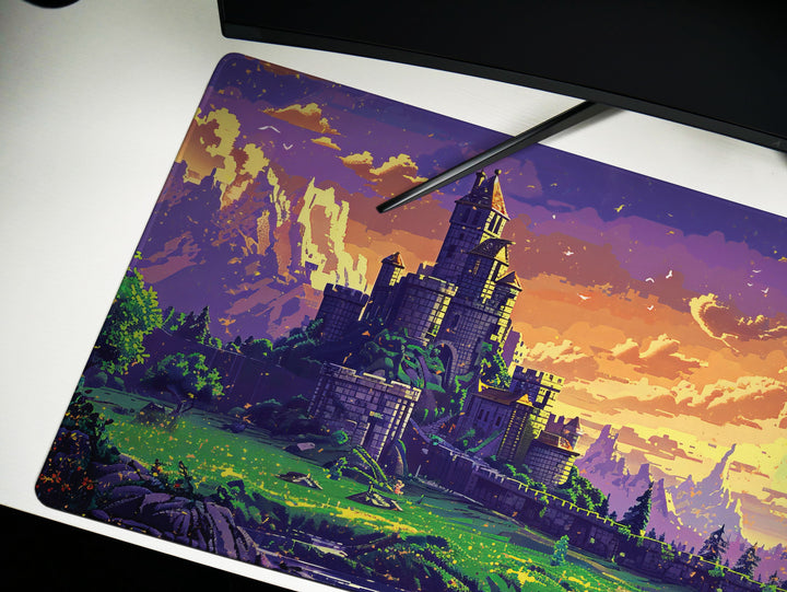 Enchanted Realm Design 4, Desk Pad, Mouse Pad, Desk Mat, Majestic Stronghold, Sunset Citadel, Pixelated Paradise