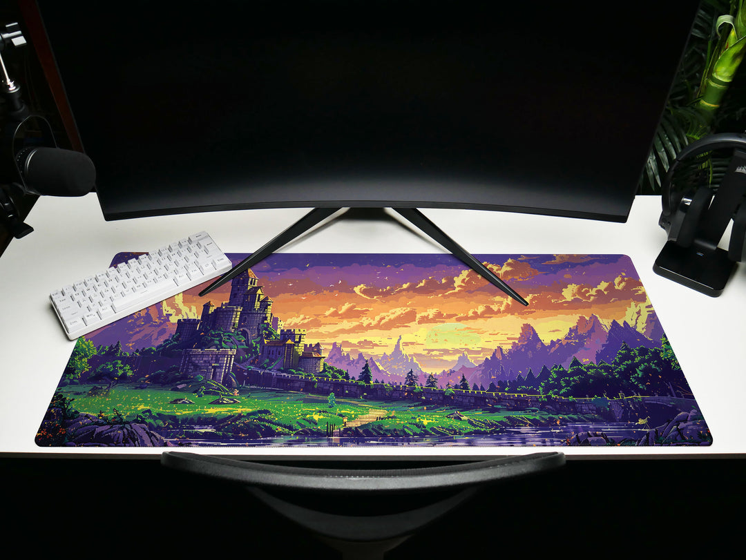 Enchanted Realm Design 4, Desk Pad, Mouse Pad, Desk Mat, Majestic Stronghold, Sunset Citadel, Pixelated Paradise