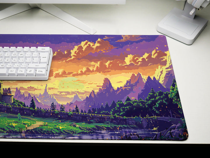 Enchanted Realm Design 4, Desk Pad, Mouse Pad, Desk Mat, Majestic Stronghold, Sunset Citadel, Pixelated Paradise